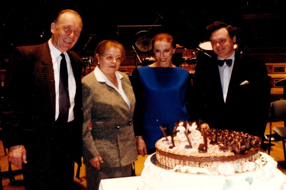 Родион Щедрин, Ирина Шостакович, Майя Плисецкая и Александр Брусиловский в Доме радио Франции (Париж, 1997).